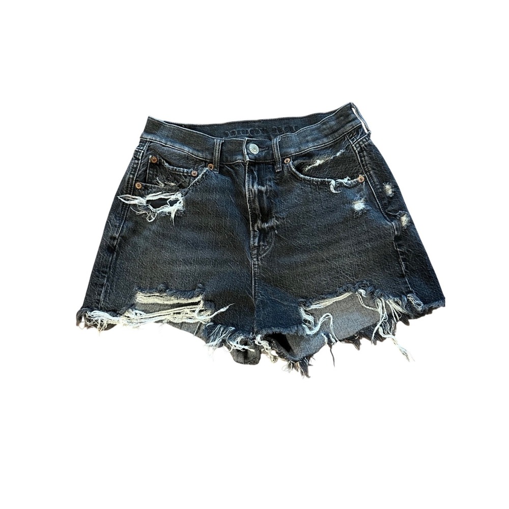 American Eagle Distressed Black Denim Shorts High Waisted Frayed Hem Size 4